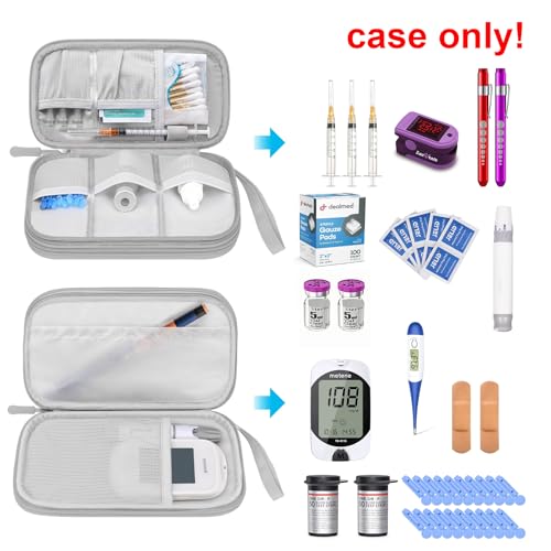 Image of Elonbo Diabetic Supplies Storage Bag, Portable Glucose Meter Carrying Case, Insulin Pen and Medication Travel Case for Glucose Meters, Insulin Pen, Test Strips, Lancets, Syringe, Small Ice Pack, Grey