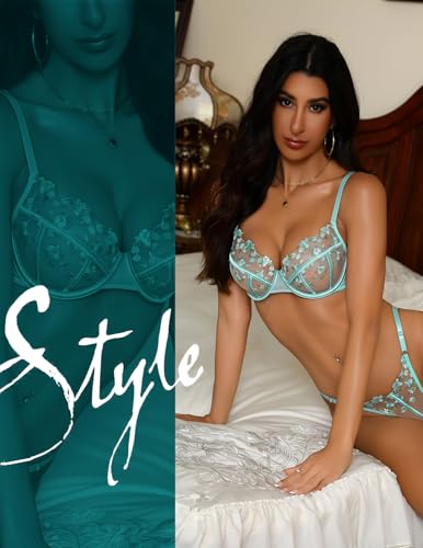 Image of Lingerie Sexy Bra and Panty Set for Women See Through Sheer Underwear Cute Exotic Floral Embroidery Babydoll Set