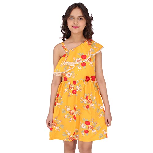 Image of Cutecumber Girls Polyester Floral Printed Mustard Dress. CC6174D-MUSTARD