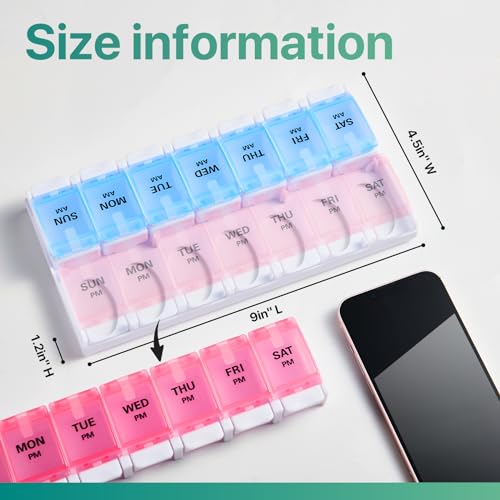 Image of Sukuos Weekly Pill Organizer 7 Day 2 Times A Day, AM PM Medicine Pill Box with Easy Push Button, BPA Free Vitamin Cases for Fish Oil /Supplements, Easy to Clean (Red&Blue)