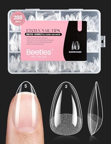 Beetles Soft Gel Nail Tips Short Almond 288pcs in 12 Sizes, Etch-X Pre-Etched Full Cover Acrylic Fake Nails Art, Salon Quality Nail Supplies, Easy DIY Nail Extension or Press On Nails, Gift for Women