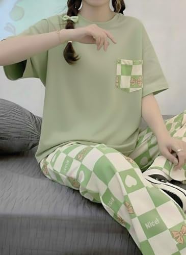 Image of SHIENZY Women Korean Style Night Suit | Round Neck Short Sleeve Cute Printed Cotton Pajama Set for Girls & Women | Soft Nightwear, Loungewear, Sleepwear for Women | Full Pyjama Set | Co-ord Set