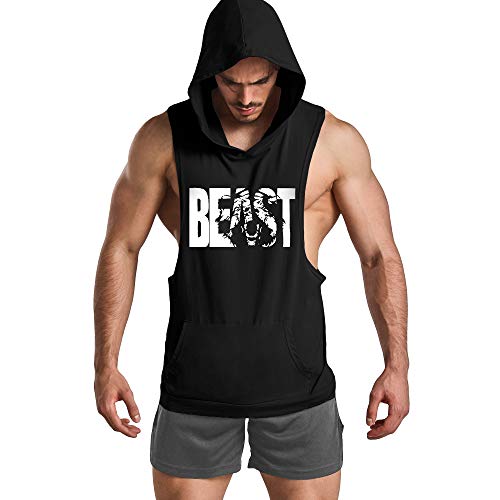 GymRevolution Men's Muscle Printed Workout Tank Tops Gym Fitness Sleeveless Hoodie Black L