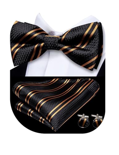 Image of Dubulle Mens Paisley Striped Bowtie Set Pre-tied Bowtie for Men and Pocket Square Set Wedding Business