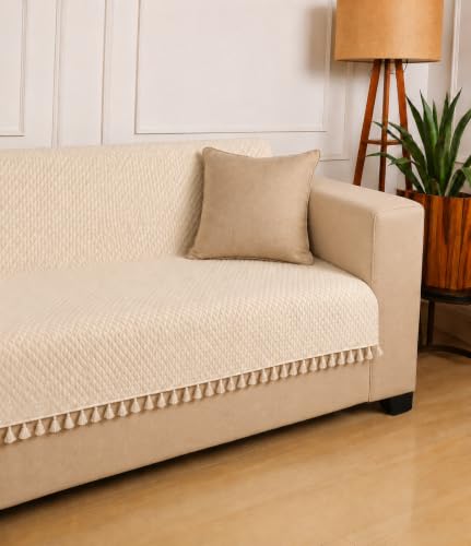 Image of Roseate Quilted Velvet Full Sofa Cover (3 Seater / 70 inchx54) Sofa Protector for Living Room /Bedroom interiors (Beige) with Tassels