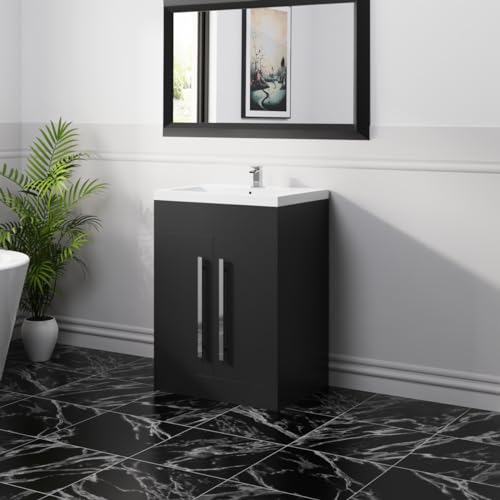 NRG Matt Black Bathroom Furniture Freestanding Vanity Unit & Basin 600mm Cabinet Unit Storage