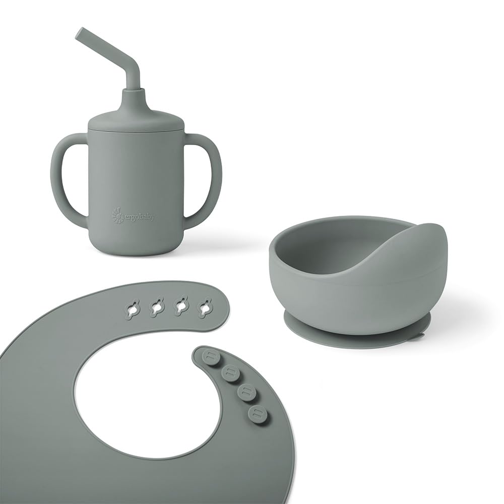 Ergobaby Children's Basic Tableware Set for Babies and Toddlers from 6 Months, Baby Tableware Set with Cup, Bowl and bib, Without BPA, PVC and phthalates, Sage Green