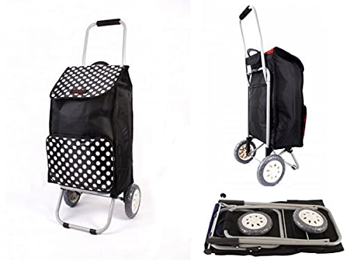 BLACK POLKA DOT TWO WHEEL SHOPPING TROLLEY FOLDING BK FRAME BLACK POLKA DOT water resistant with Detachable Bag - Shopping Trolley 2 Wheels, Lightweight & Foldable OUT DOOR PICNIC
