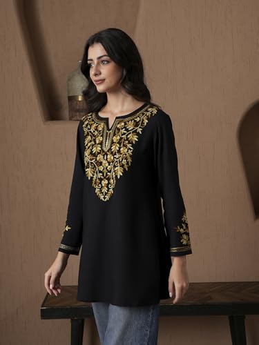 Image of QAZMI Women's Aari Embroidered Viscose Rayon A-Line Flared Short Kurti