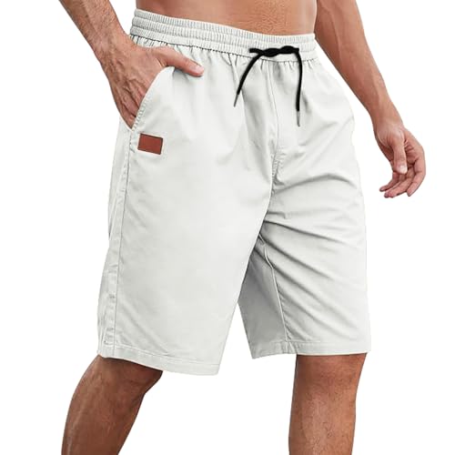 Men's Hiking Cargo Shorts Elastic Waist Drawstring Knee Length Pant Lightweight Casual Athletic Shorts with Pockets(#02-White,Medium)