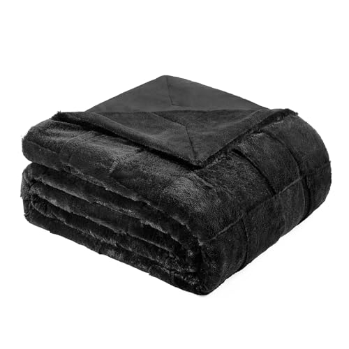 Cozy Bliss Checkered Faux Rabbit Fur Black Throw Blanket, Lightweight Fleece Soft Fuzzy Fluffy Minky Furry Plush Blankets for Couch, Bed (50 * 60 Inches Black)