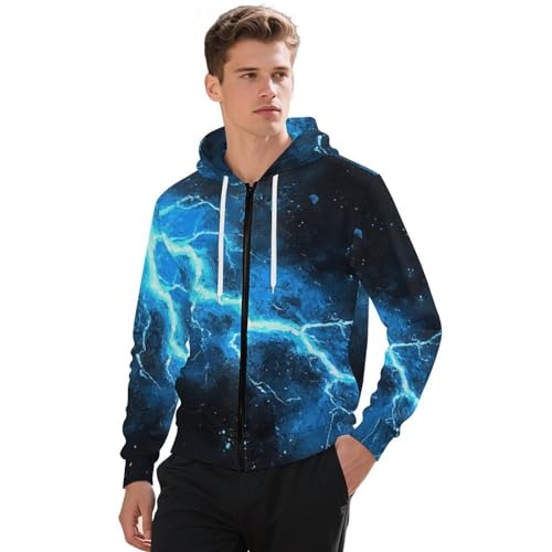 Blue Glowing Lightning-bolt Men's Hoodies with Zipper Lightweight Long Sleeve Casual Sweatshirts