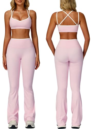 ABOCIW Workout Sets for Women 2 Piece Color Block Strappy Sports Bra High Waist Flare Leggings Gym Yoga Pilates Outfits