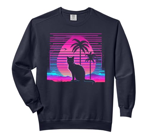 Cat Vaporwave Retrowave Aesthetic Synthwave 80s Palm Tree Comfort Colors Adult Sweatshirt