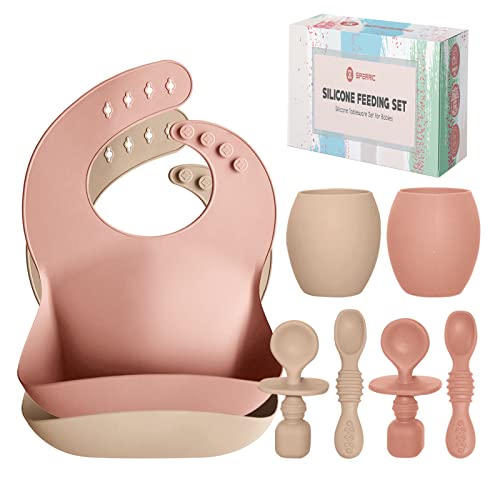 Image of Baby Silicone Feeding Set - Baby Led Weaning Utensils, Silicone Bibs, Infant Feeding Cups For Boys, Girls, & Toddlers Smooth Waterproof Material For Practical Eating, Set of 8