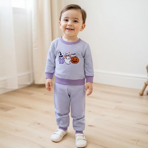 Karuedoo Toddler Baby Boy Girl Halloween Outfit Pumpkin Ghost Embroidery Stripe Long Sleeve Waffle Sweatshirt and Pants Set4