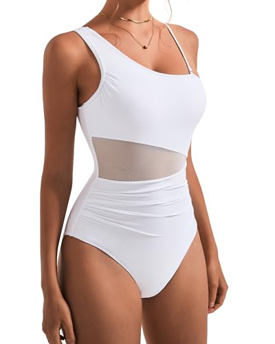 SUUKSESS Women Mesh One Shoulder One Piece Swimsuit Tummy Control Bathing Suit4