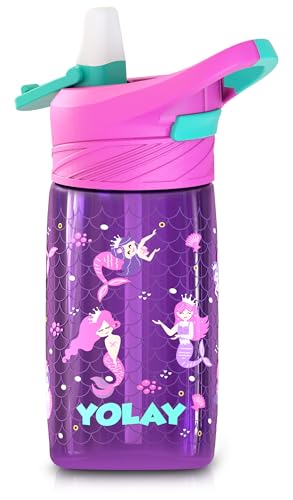 YOLAY 15oz Kids Water Bottle For School Boys and Girls Durable Toddler Water Bottle with Straw Lid Leak-Proof Spill Proof Easy Clean and Dishwasher Safe with Re-Usable and BPA Free - Mermaid
