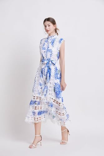 Image of LAI MENG FIVE CATS Women's Sleeveless Hollow Out Lace Button Up Casual Midi Party Dress with Belt