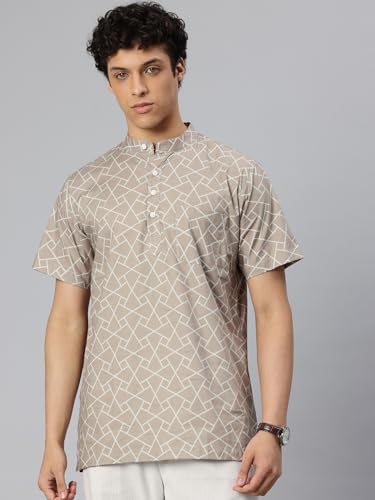 Image of Majestic Man Men Slim Fit Ethnic Motifs Cotton Printed Half Sleeve Short Kurta