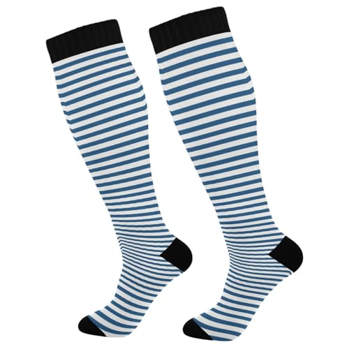 CZXW 1 Pair Blue White Stripes Compression Socks 20-30mmHg Knee High Women Socks Tube Athletic Stockings for Men Sport Soccer Running Cycling Medical Nurse Winter Travel