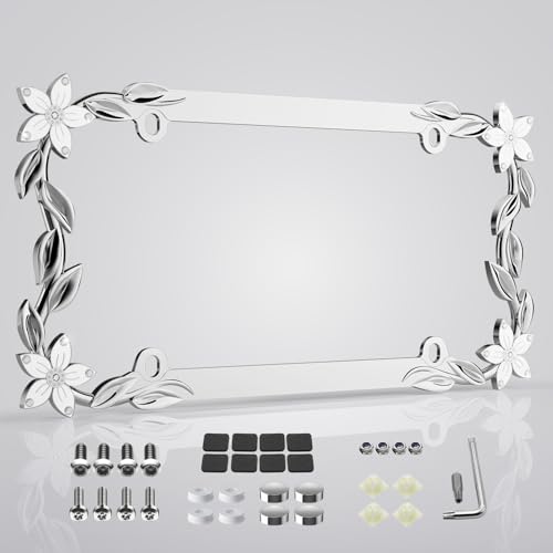 APDOMU Flower Bling License Plate Frame Tag Holder Cover Cute Girly Car Accessory for Women 3D Shining Chrome Painted Zinc Alloy Metal Trendy and Rust-Resistant Design Fits US & Canada