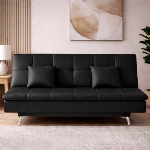 Image of Casaliving Danny 3 Seater Sofa Cum Bed Leatherette Fabric (Black) with Two Cushions Perfect for |Home Living |Office Room and Guest Room Premium Sofa