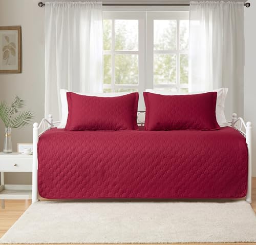 Image of Hailea 3 Piece Burgundy Daybed Cover Twin Size Cozy Daybed Sets Bedding Double Sided Quilting Cover Set Geometric Print Bedspread Coverlet All Season for Twin Bed with 2 Standard Shams,39 inchx75 inch