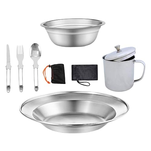 BCOATH Stainless Steel Camping Cookware Portable Cup Pan Tray for Outdoor Activities Easy to Clean for Hiking Picnic BBQ Design Silver