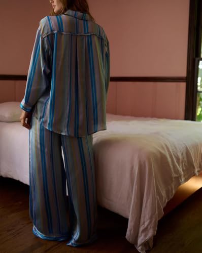 Image of Women Satin Pajama Sets Floral Silk Pajamas Pj Set | 2 Piece Lounge Sets, Button Down Long Sleeve Shirts and Wide Leg Pants Pjs Set, Christmas Holiday Valentine's Day Sleepwear
