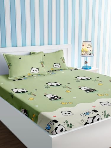 Image of URBAN DREAM Kids Cute Panda Print Green and White BEDSHEET Set (Double Bed)