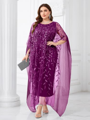Image of Plus Size Sparkly Formal Evening Gown Sequin Cape Overlay Mother of Bride Dress Wedding Guest Cocktail Party