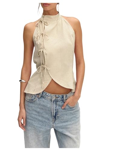 Milumia Women's Striped Tie Front Halter Top Sleeveless Open Back Wrap Asymmetrical Hem Tank Tops Khaki Small