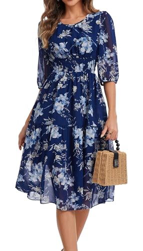 Image of Kormei Women Casual Boho Floral Round Neck 3 /4 Sleeve Smocked Waist Tiered A Line Flowy Swing Midi Dress Long Dresses