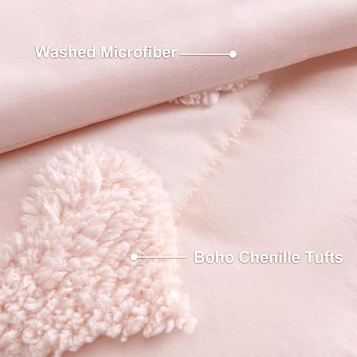 Image of Boho Tufted Comforter Set King Size Pink Heart Tufted Textured Bedding Set 3 Pieces Farmhouse Shabby Chic Embroidery Bed Set Soft Jacquard Comforter for All Season with 2 Pillowcases