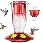 Kingsyard Glass Hummingbird Feeder 6 Feeding Ports, Hanging Bird Nectar Feeder 16 Ounces, Rustproof, Leakproof, Garden Backyard Decor, Ant Moat Included, Red
