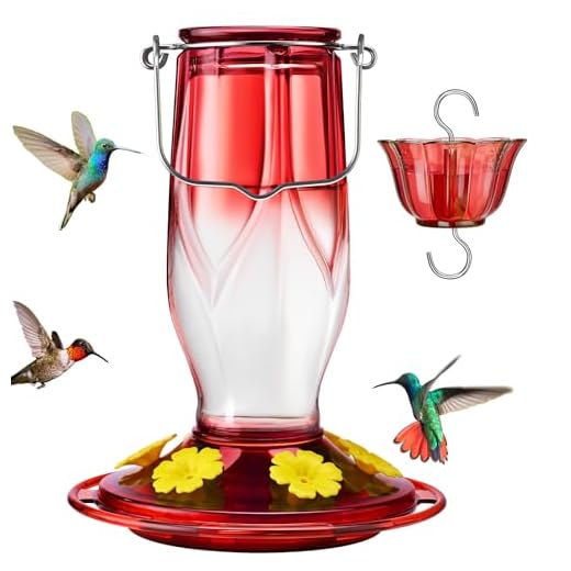 Kingsyard Glass Hummingbird Feeders for Outdoors Hanging, 6 Feeding Ports, 16 Ounces Bird Nectar Feeder, Rustproof Leakproof, Easy to Refill & Clean, Garden Backyard Decor, Ant Moat Included, Red