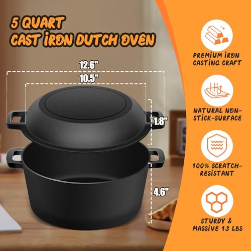 Cast Iron Dutch Oven Bread Baking Kit - 10-Piece Set with Banneton Basket, Dough Scraper, pizza shovel,Bread Lame, Whisk, Brush, and Silicone Grips with Skillet Lid Cooking Pan Handles Lame, 5QT - Image 3