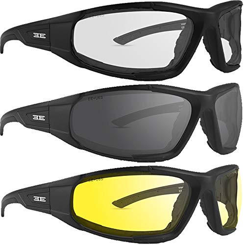 Epoch Eyewear Foam2 Padded Motorcycle Sunglasses 3 Pair Black Frames w/Smoke Clear & Yellow Lenses