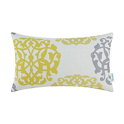 CaliTime Canvas Pillow Cover Case for Couch Sofa Home Decoration Three-Tone Floral Compass Geometric 12 X 20 Inches Yellow/Gray