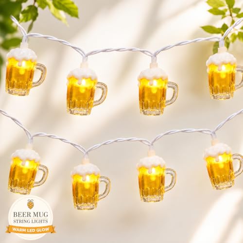 Beer String Lights Outdoor, 12.5FT Summer Decorative Camping String Lights with 10 3D Beer Mug Lights, Plug in Connectable Novelty Fairy Lights for Tropical Themed Wedding Bistro Bar Party Decor