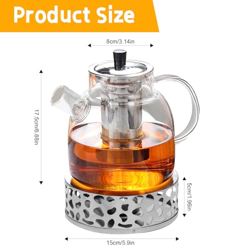 JOLIGAEA Teekanne Mit Sieb Und Stövchen, 1,5 Liter Glas, Teewärmer Edelstahl, Teapot, Glasteebereiter Mit Abnehmbarem Siebeinsatz