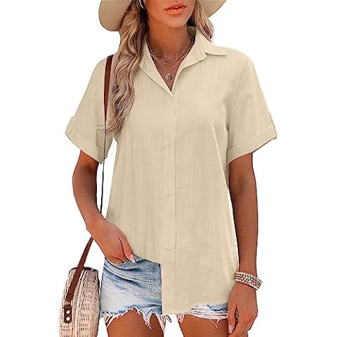 Pausus Plus Size Linen Button Down Shirts for Women 100% Cotton Collared Shirt Casual Fit Short Sleeve Work Shirt Blouses Light Khaki M Cover