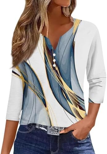 Women's Casual 3/4 Sleeve T-Shirts V Neck Button Up Cute Tunic Tops Basic Tees Blouses Loose Fit Pullover