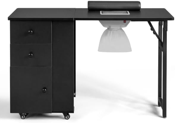 Portable Manicure Nail Table, Manicure Table Professional Nail Desk with Wrist Cushion, spa Salon、Nail Painting、Tattoo Nail Table Mobile Nail Desks w/Universal Wheels for Home Spa Beauty Salon (Black)