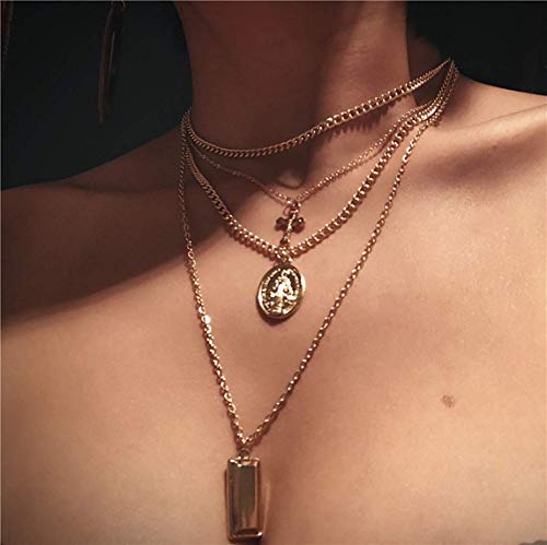 Ckecharfa Boho Layered Cross Choker Necklaces Gold Virgin Mary Coin Pendent Necklace Bar Neck Chains Jewelry for Women and Girls