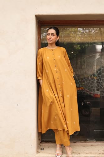 Image of GoSriKi Women's Pure Cotton Anarkali Kurta with Plazzo | Front Button Style Kurti Set for Woman | Cotton Kurta Set for Woman | Anarkali Suit for Women | Comfortable Ethnic Set
