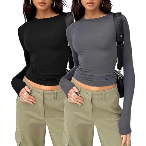 flintronic 2PCS T-Shirt Mujeres Cuello Redondo Slim Fit, Tops de Manga Larga para Mujer, Blusa básica Ajustada para otoño, Color sólido, Casual, Camisetas elásticas - Negro+Gris, M