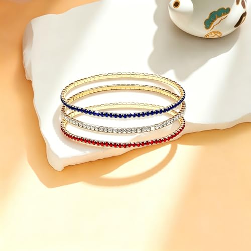 Image of Dreuyet American Flag Rhinestone Bracelet Red White Blue Crystal Patriotic 4th of July Shiny Decorations USA Independence Day Jewelry