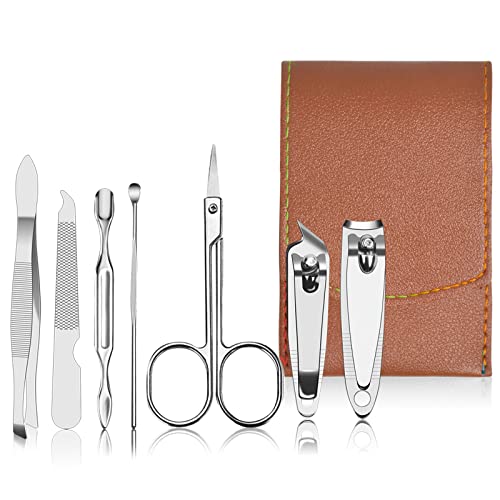 AvoDovA Manicure Set, 7 Pcs Stainless Steel Nail Clippers Manicure Set for Men Women Professional Trimming Kit Pedicure Care Nail Trimming and Grooming Tools with Fine Leather Case for Travel & Home